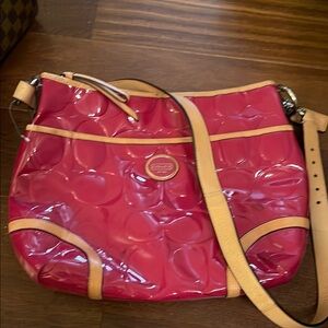 Coach Pink and Tan Shoulder Bag with Signature Pattern